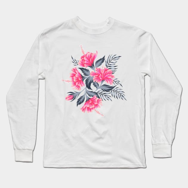 Hibiscus Floral - Light Grey / Pink Long Sleeve T-Shirt by andreaalice